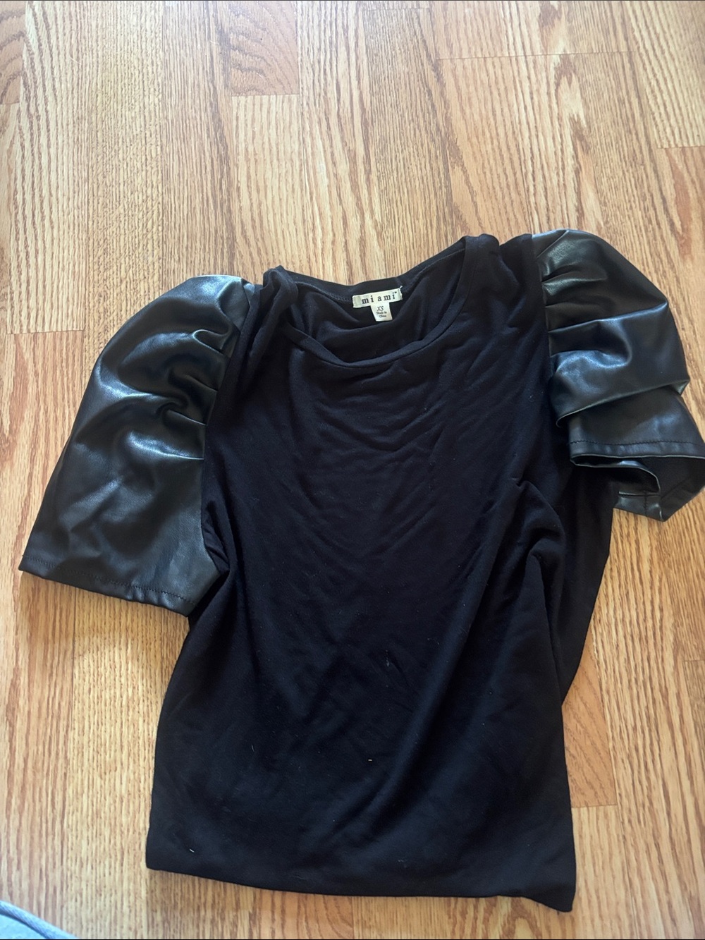 miami Black Short Sleeve Top with Faux Leather Puff Sleeves